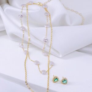 Conjunto colar duplo perola e turmalina